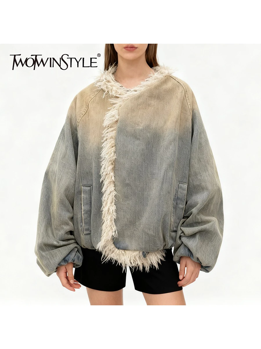 

TWOTWINSTYLE Hit Color Loose Spliced Shirring Quilted Coats for Women V Neck Long Sleeves Patchwork Fur Cowboy Coat Female New