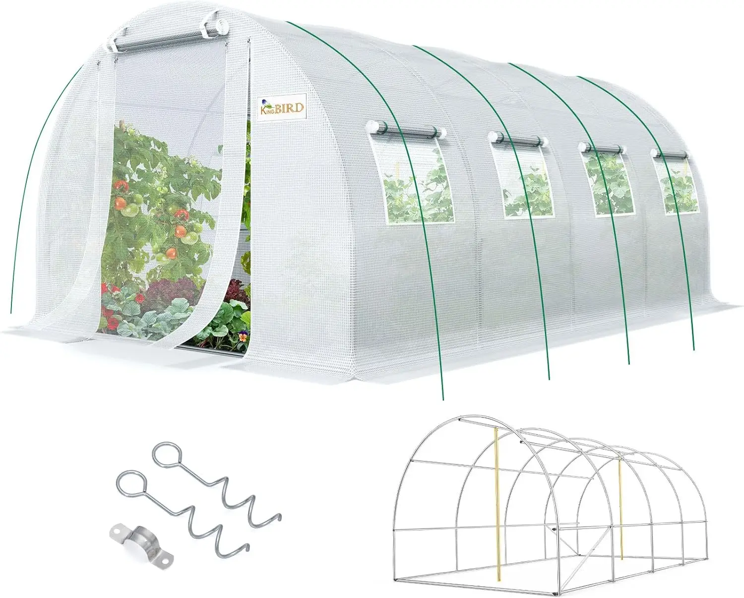 Outdoor Garden Planting, Galvanized Metal Greenhouse with Mesh Door, Screen Window & 2 Stiffeners, White