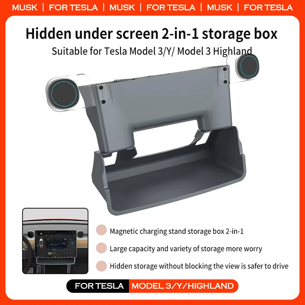 Under Screen Hidden Storage Box For Tesla Model 3 Highland 2024 Model 3 Y Tray Hidden Central Console Storage Box Accessories