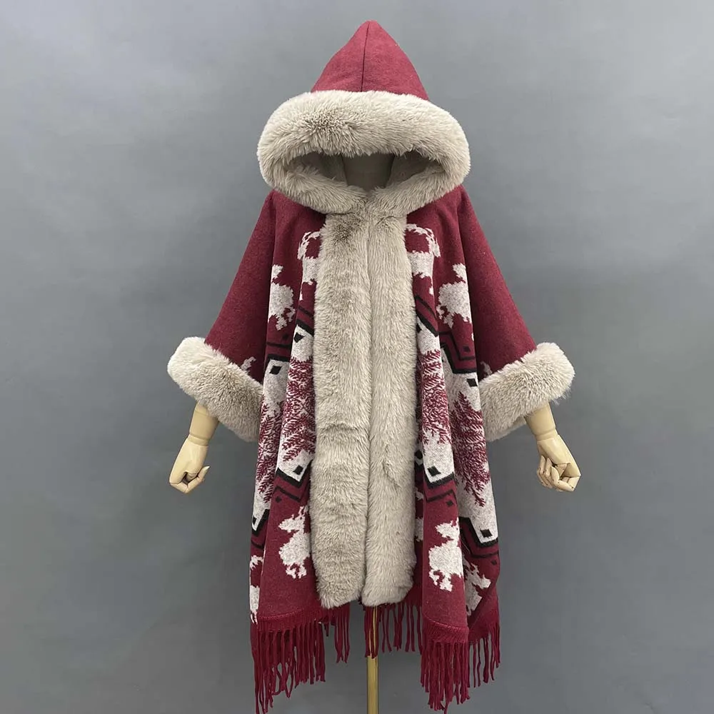 

JANEFUR Red Cloak with Hood Women 2022 Fashion Chrismas Fake Fur Collar Trim Cape Long Fleece Lined Warm Winter Poncho Coat