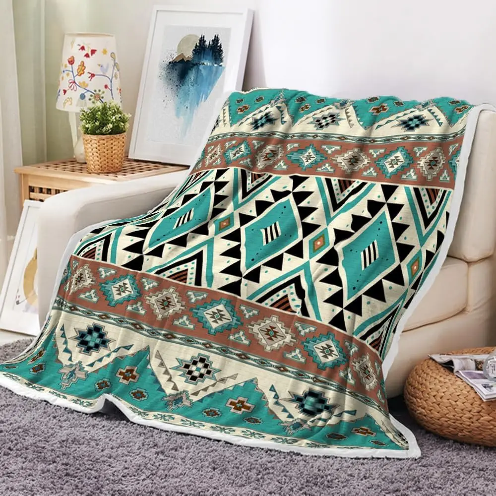 Tribal Aztec Geometric Throw Blanket, Flannel Fleece | Light Decor Blanket for Living Room, Bedroom, Office, Travel, Ethnic Home