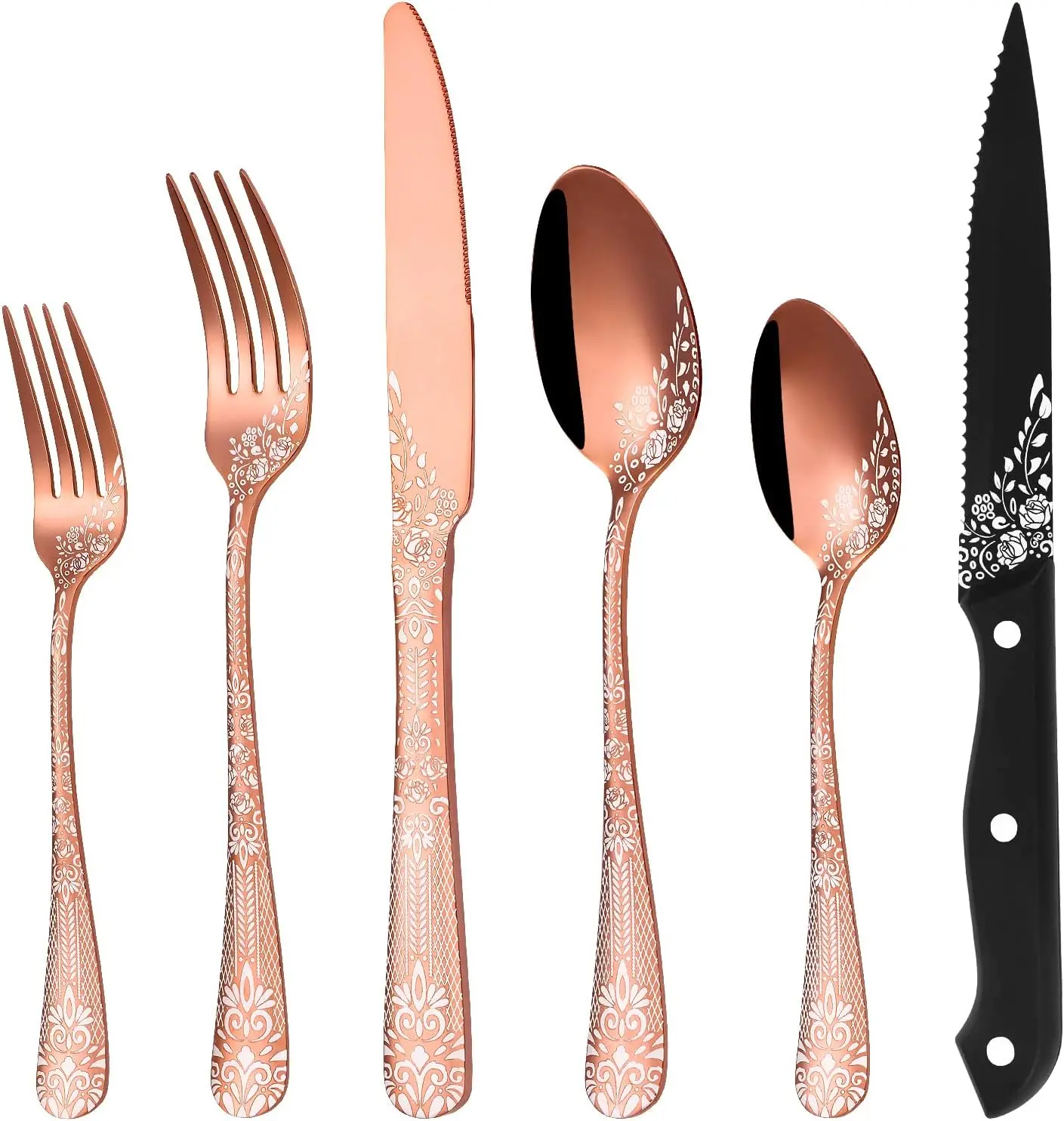 

48-Piece Rose Gold Silverware Set with Steak Knives, Stainless Steel Cutlery for 8, Unique Pattern Design, Dishwasher Safe