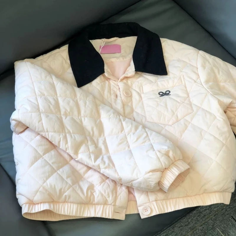 

Japanese Sweet Warm Stand Collar Pink Coat Women New Lace Stitching Design Kawaii Cotton-padded Jacket New Fashion Slim Clothing