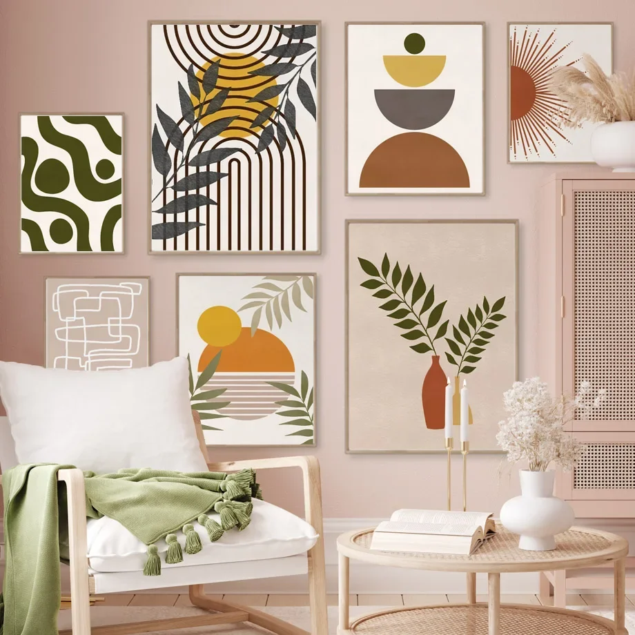 

Boho Abstract PosterCanvas Painting Geometric Sun Rainbow Mountain Leaf Plant Wall Art Print Wall Pictures Living Room Decor