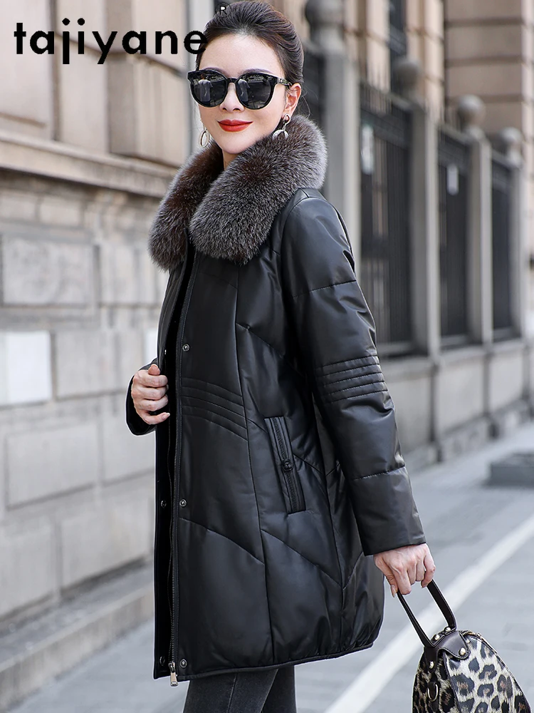TAJIYANE Kurtka puchowa damska ze 100% skóry owczej z kołnierzem z futra lisa, płaszcz z kaczym puchem, kurtki ze skóry naturalnej, odzież zimowa damska 2025 가죽자켓