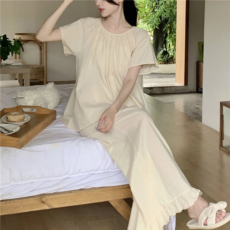Solid Soft Spring Pajamas Set Short Sleeve Shirts + Trousers Cotton Casual Sleepwear Thin Elegant Home Suit Pleated Ruffles