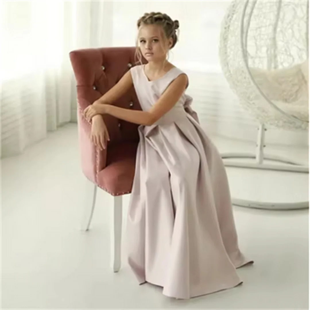 Customized Pink Flower Girl Dress For Wedding Satin Backless With Bow Elegant Kids Quinceanera First Communion Bridesmaid Gown