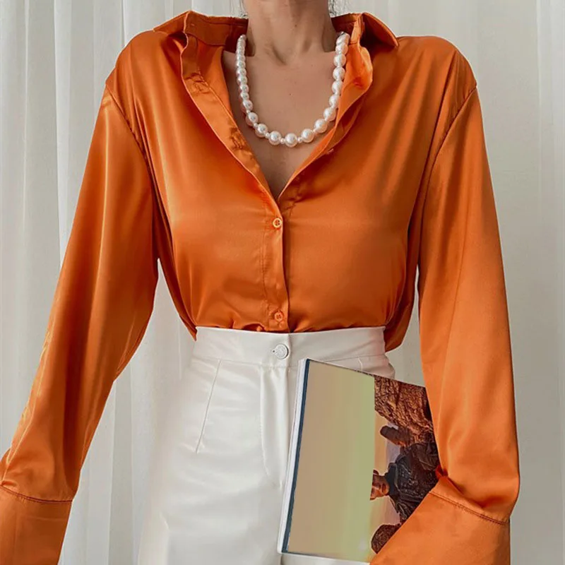 Spring Satin Long Sleeve Blouses Women 2023 Autumn Vintage Orange Green Silk Shirt Casual Loose Button Up Street Shirts 22717