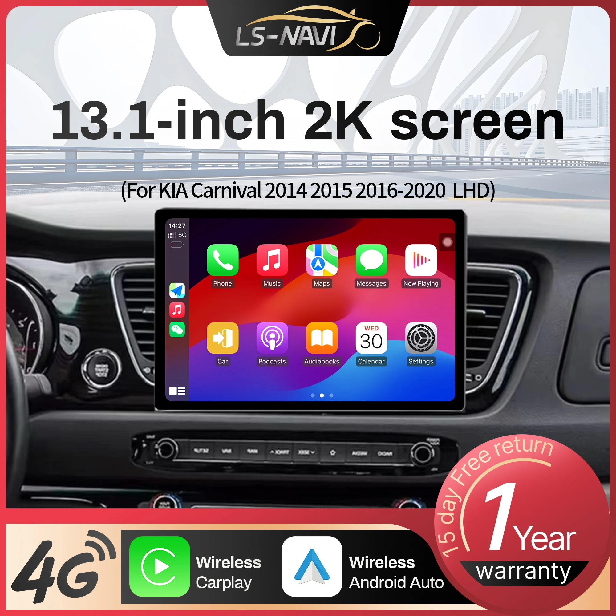 

13.1“Android For KIA Carnival 2014 2015 2016-2020 LHD Car Radio Wireless BT Carplay GPS Multimedia Touch QLED Screen Stereo