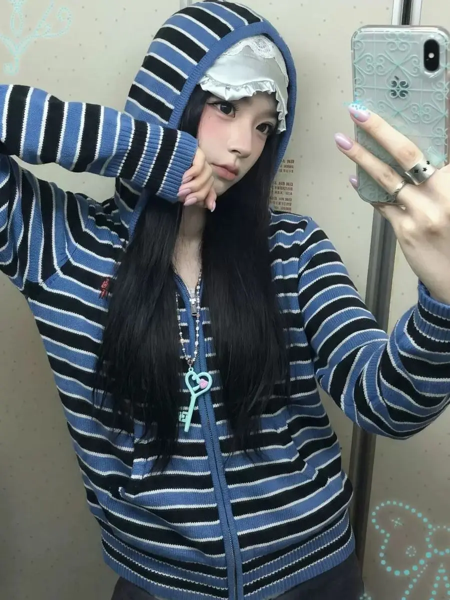Blue Striped Color Block Hooded Knitted Open Cardigan Sweater Women's Loose Fit Zipper Jacket American Retro Style Autumn New...