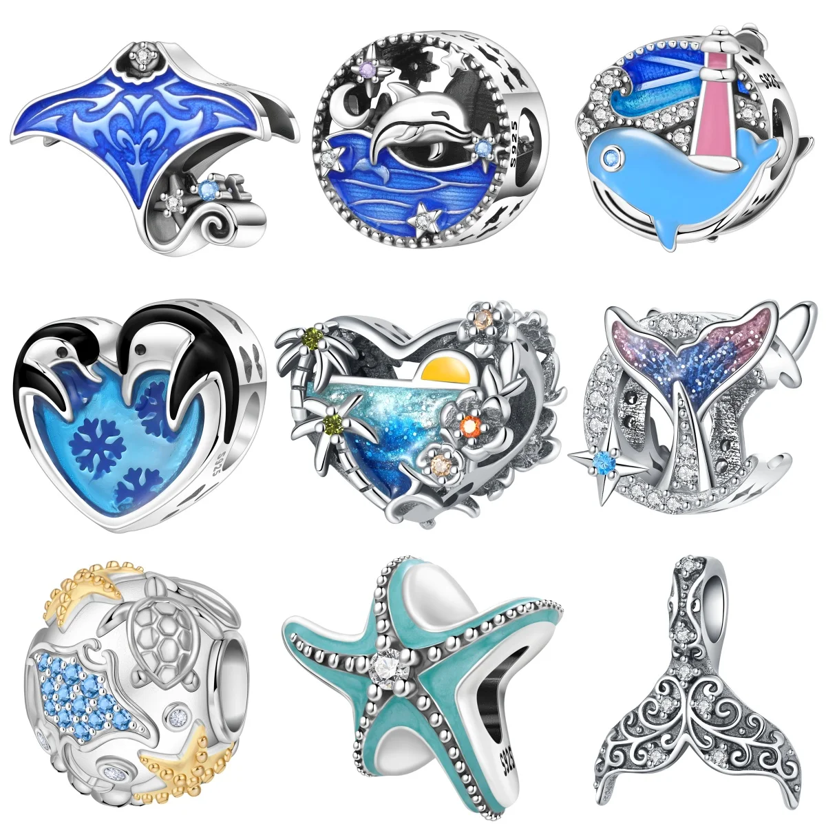 MISEFF S925 Sterling Silver Charm Sea World Marine Organisms Bead For Bracelet DIY Jewelry Making Women Gift
