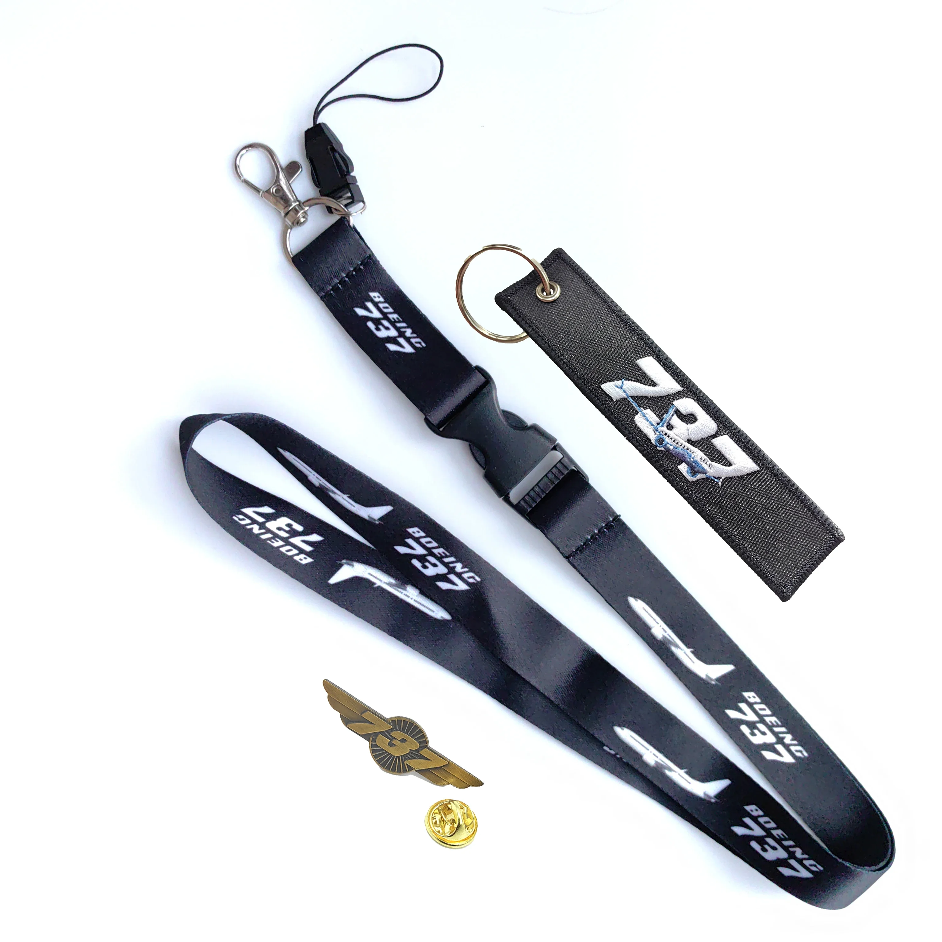 3PCS 737 Double Sided Embroidered Keychain Black Lanyard Flight Crew Gift For Men Vintage Bronze Brooch