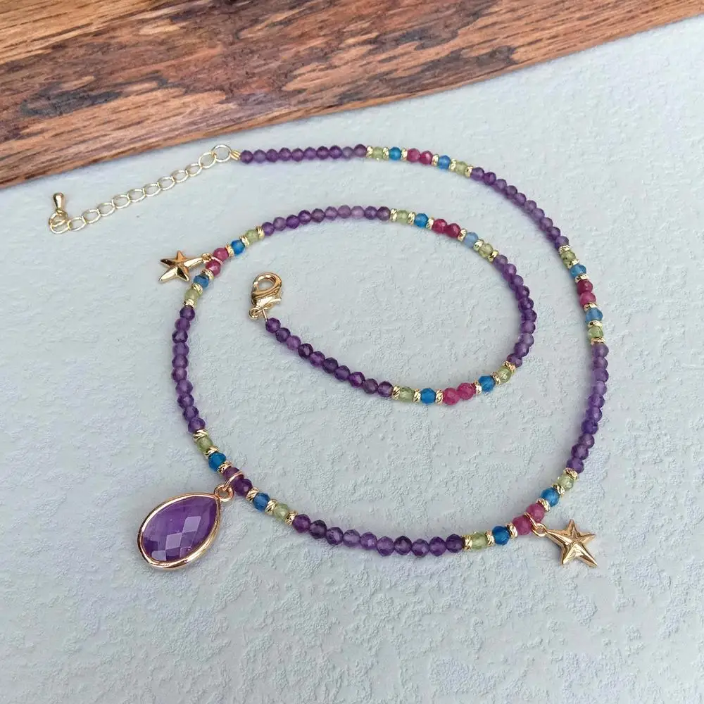 KKGEM3mm 작은 페르시 마노 루비 페리도트 초커 12x15mm 보라색 자수정 펜던트 참 목걸이 천연석 쥬얼리