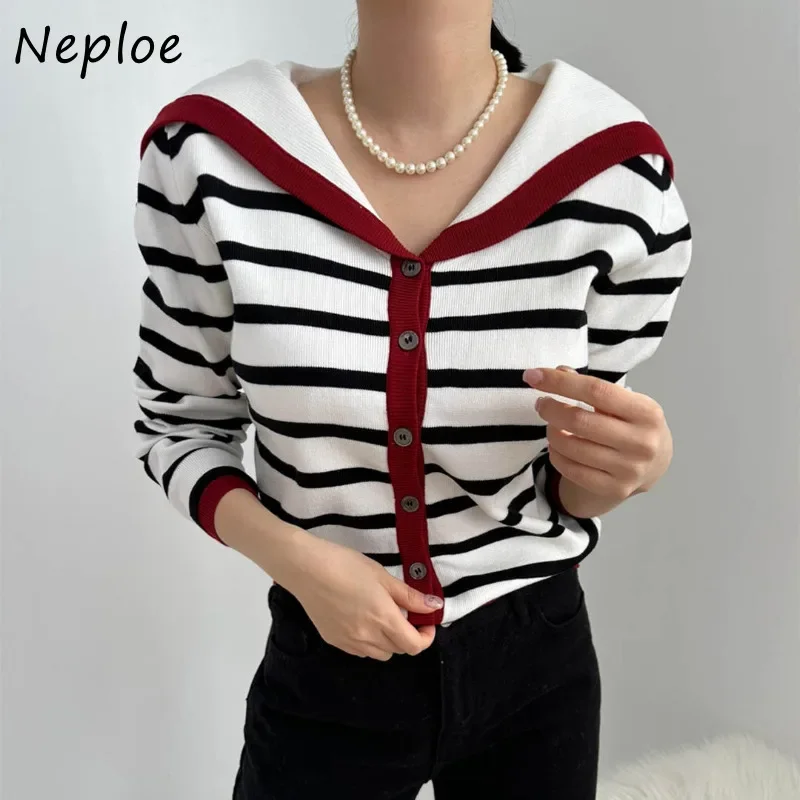 Neploe Fashion Sailor Collar Striped Knitted Cardigan 2024 Autumn Winter New Tops Women Y2k Slim Fit Swetry z długim rękawem