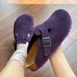 Retro Purple Thick-soled Slippers For Women, Slip-on Closed-toe Lazy Shoes Indoor Outdoor Wear Suede Mules Buckle  Half Slippers