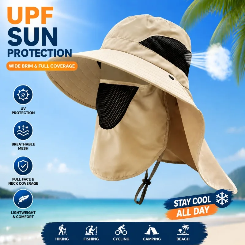 UPF50+ UV-Sonnenschutzhut mit breiter Krempe und Gesichts- und Nackenschutz, atmungsaktives Netzgewebe für Angeln, Wandern, Strand, Camping, für Männer und Frauen
