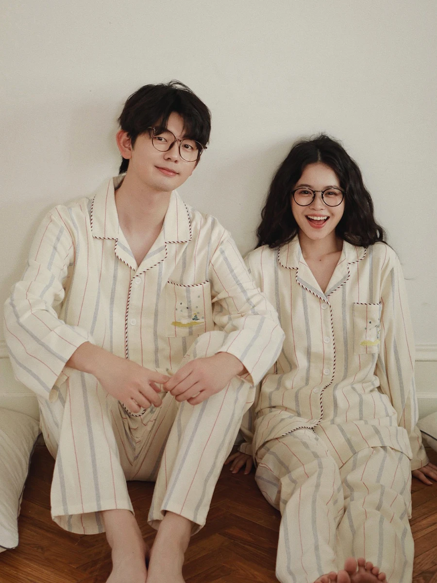 

Хлопковая пижама с длинными рукавами и длинными брюками в полоску, простая домашняя одежда для пар, мужская и женская, подходит для ношения на улице, осень-зима