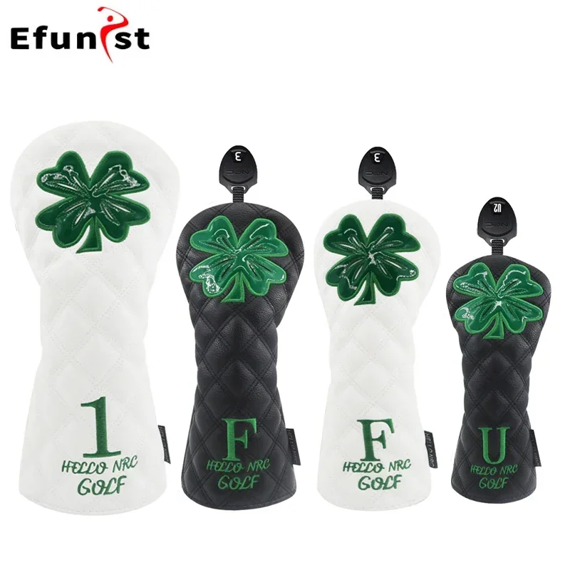 

Golf Club Head Covers For Driver Fairway Hybrid Waterproof Protector Set PU Leather Rhombus Four Leaf Clover Pattern Wood Covers