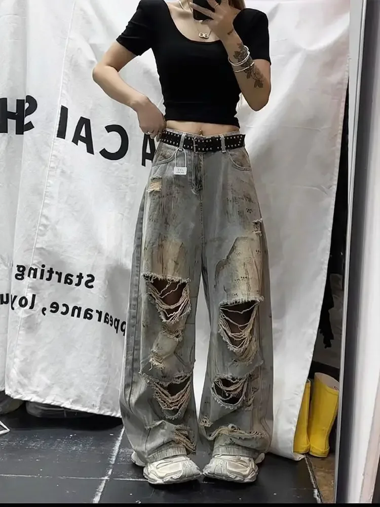 

Винтажные синие рваные джинсы Y2k для бойфренда, женские мешковатые джинсовые брюки в стиле Харадзюку, уличная одежда, брюки большого размера в японском стиле 2000-х, 90-х, одежда