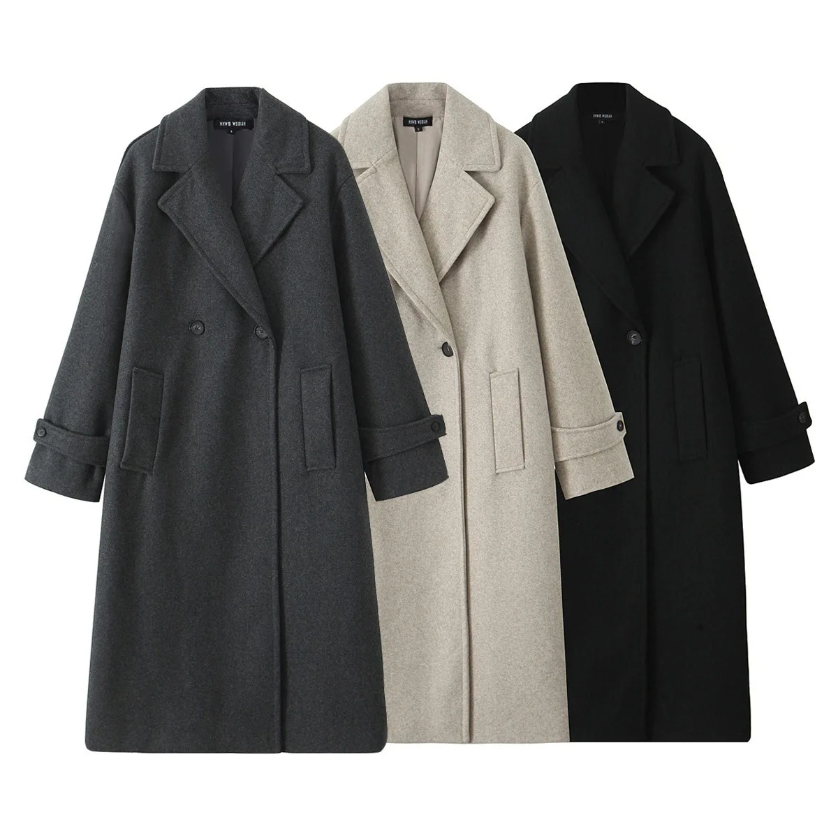 

Autumn Spring Wool Coat Women Long Trench Coat Lapel Double-Breasted Office Lady Overcoat Loose Trendy Tweed Jacket Long Sleeves
