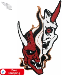 Japanese Hannya Oni Black and White Mask Patch Embroidered Applique Badge Iron On Sew On Emblem for Clothes Jackets Backpacks