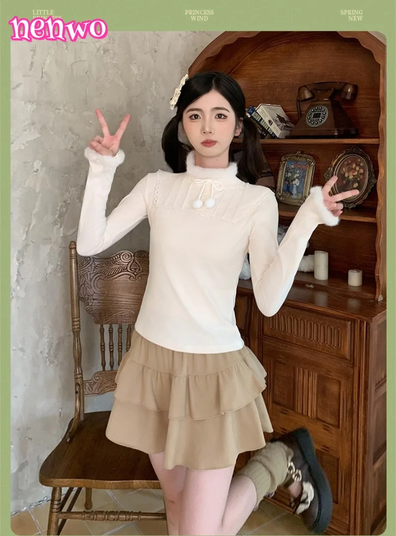 

Облегающий низ в стиле Лолиты для женщин, водолазка с бантом и длинным рукавом, милые свитера в стиле Лолиты, осень-зима, новый вязаный пуловер