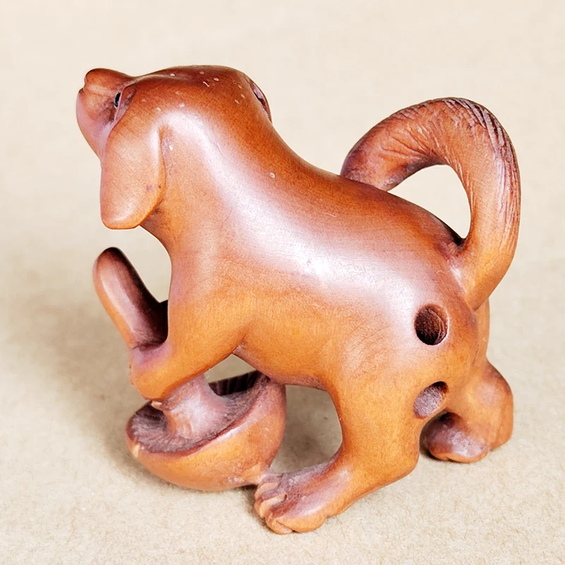 

GX696 - 20 Years Old 2" Hand Carved Boxwood Netsuke - Lovely Dog and Mushroom