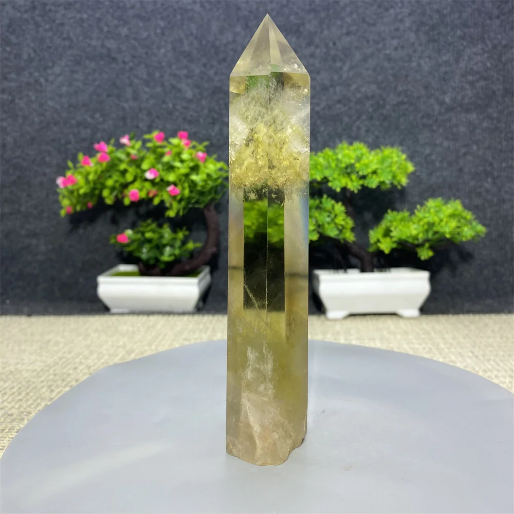 Natural Crystal Point Smoked Healing Obelisk Yellow Quartz Wand Beautiful Ornament for Home Decor Energy Stone Pyramid