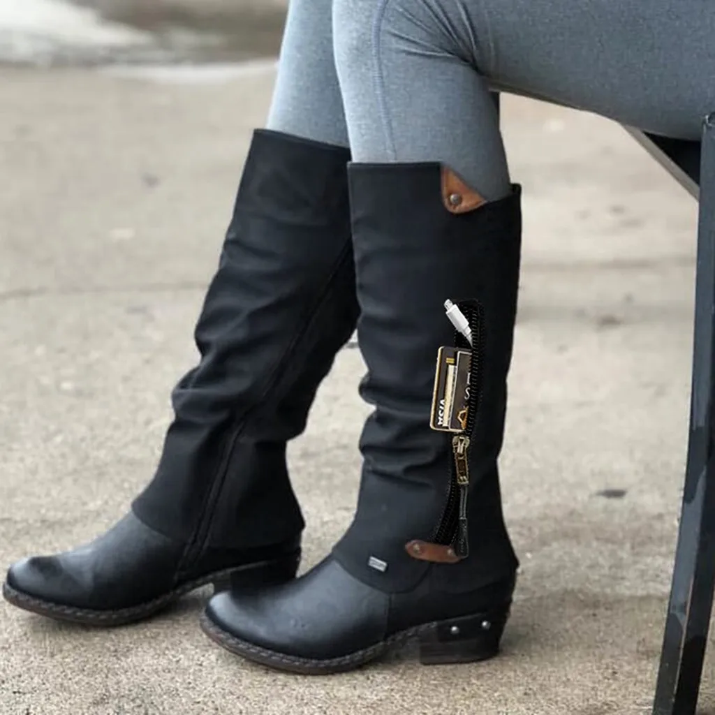 Womens Plus Size Knee High Boots Women Zipper Square Heel Solid Color High Boots Knee-High Shoes Round Neutral Over Knee Boots