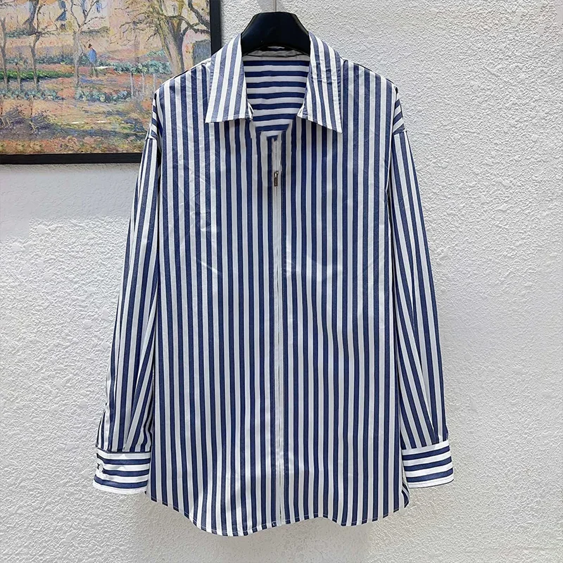 

High-quality women's long-sleeved shirt with zipper and vertical stripe collar,academic style fashionable top 25916248
