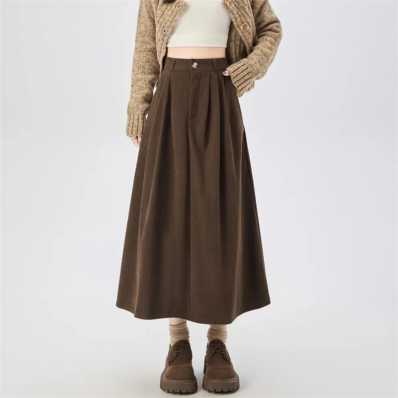 Korean Ladies High Waist Maxi Skirt Autumn Feminine High End Solid Color Casual Skirt Spring Women Fashion Corduroy Long Skirts