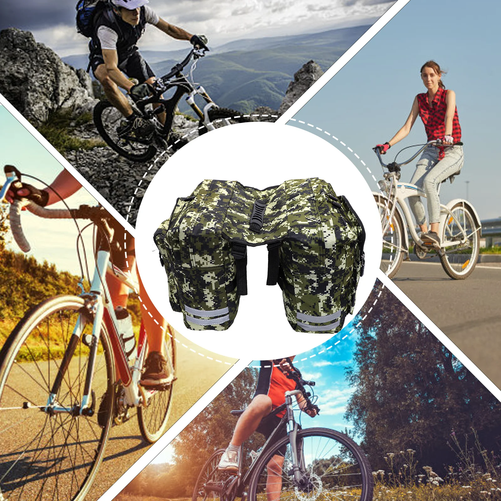 Waterproof Camo Canvas Rear Seat Bag 2 Water Bottle Pockets Reflective For Mountain Bike Cycling Large Capacity Trunk