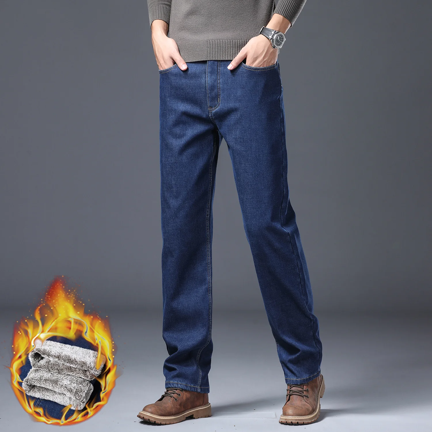 Winter Fleece Warme Jeans Mannen Business Rechte Denim Broek Pluche Massaal Werk Dikke Buiten Broek Mannelijke Plus Size 28-40