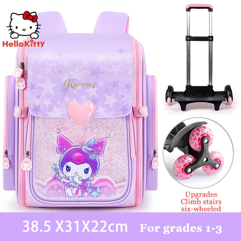 Miniso Kuromi Girls Schoolbag On Wheels Pupils 6 Rounds Trolley Bag Student Wheeled School Bag Children Backpack Grade1-3-6 Gift