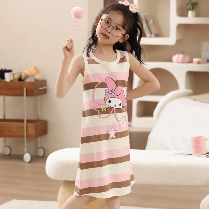 

Kawaii My Melody Kuromi Girls Pure Cotton Sleeveless Nightgown Summer Anime Sanrio Girly Heart Cute Loose Pajamas Girls Gift
