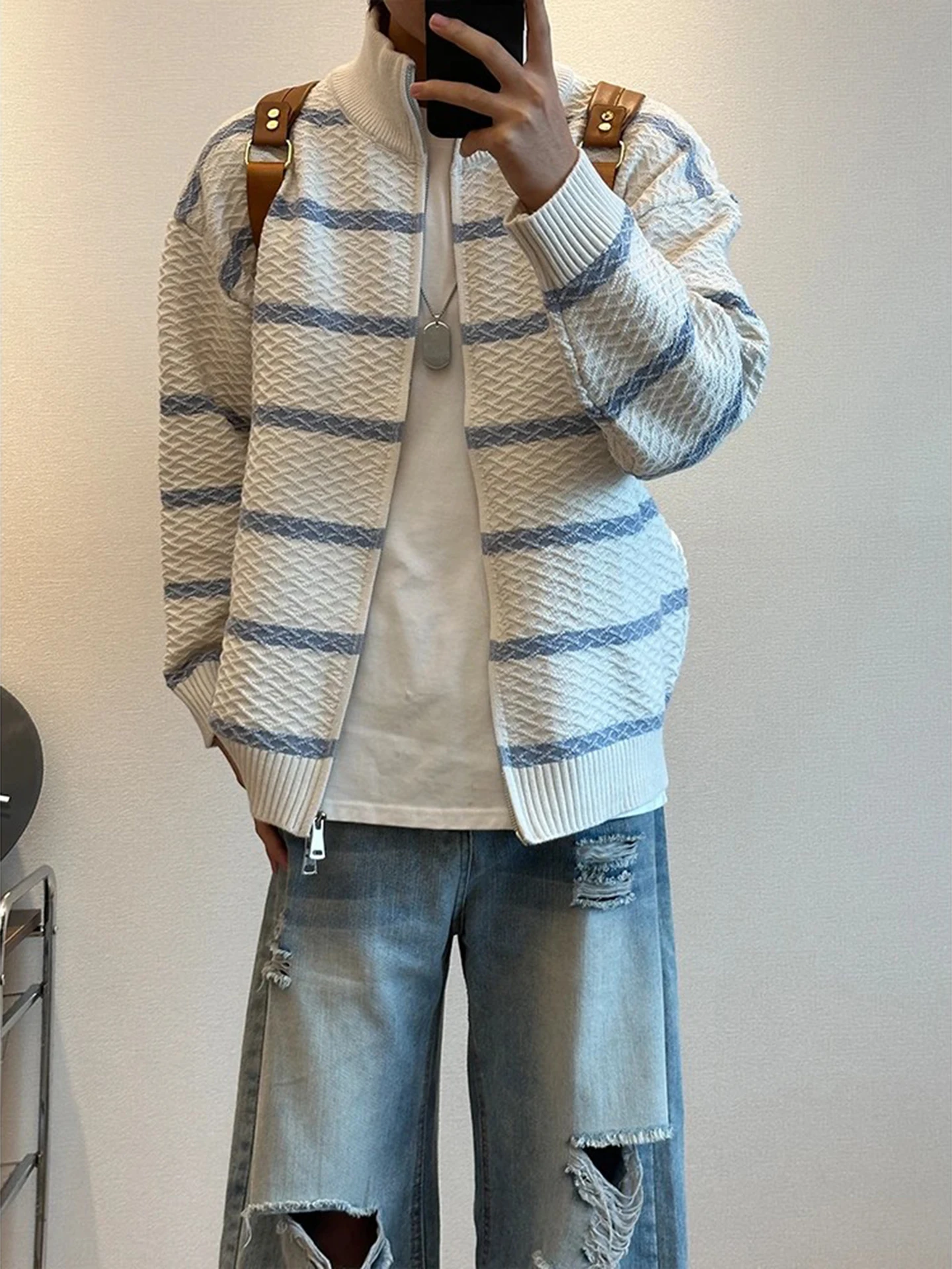 

Men's Knitted Cardigan Collar Stripe American Sle Outerwear Cleanfit Casual Loose Fit ort Sve Zipper Closure Sweater