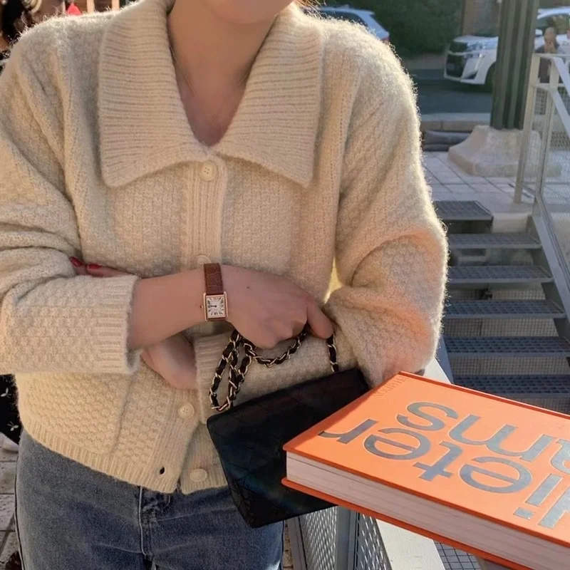 

Retro Knitted Sweater Coat ort Svel Top Chic Personali Small Size Faionable Turn-down Collar Lazy Long Sve irt