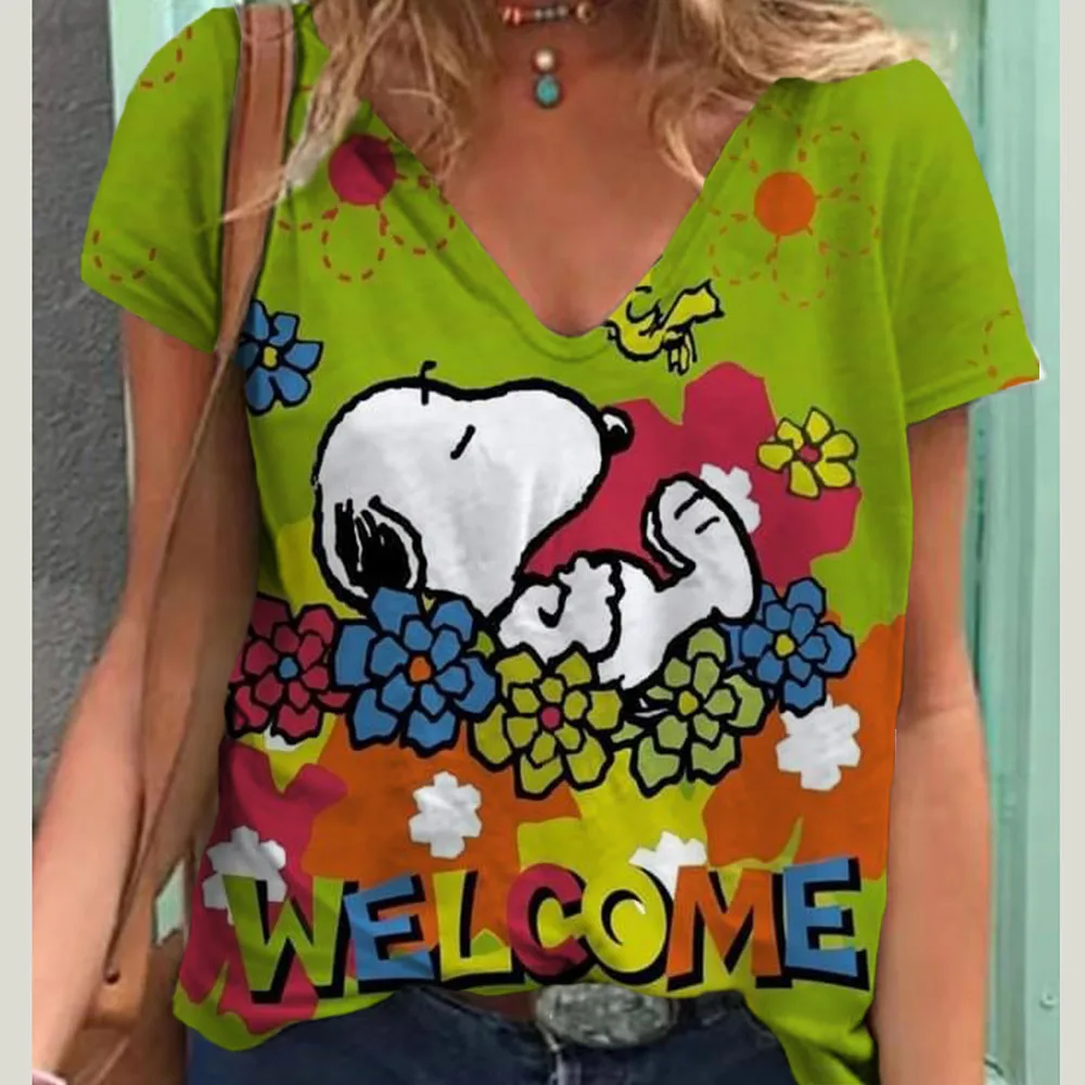 Fashionable Women's T-Shirts Cute Snoopy print Girl Summer Harajuku Loose Casual Clothing Kawaii V-Neck Short Sleeve T-Shirts