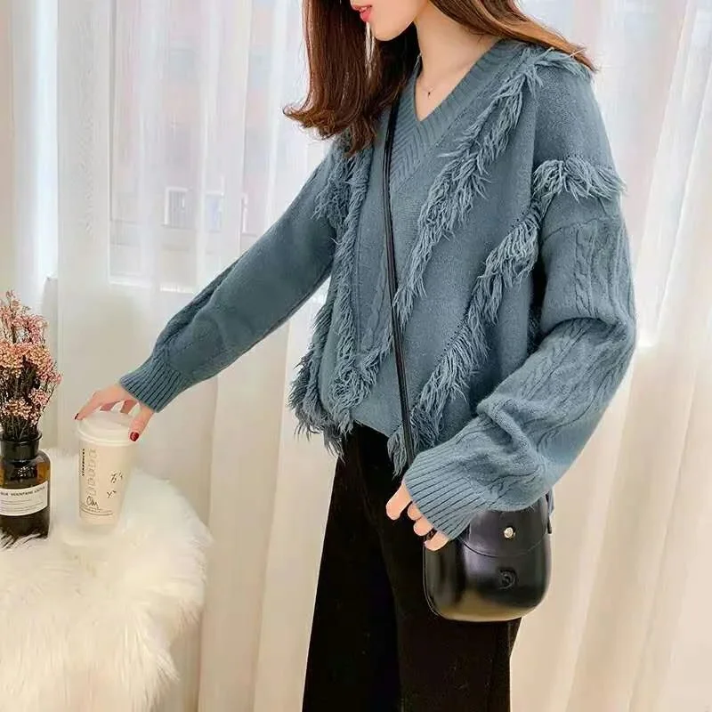 

Winter Ladies V-neck Tassels Pullover Knitting 2024 New Female Loose Fitting Sweater Korean Women Fashion Long Sleeves Knitwear