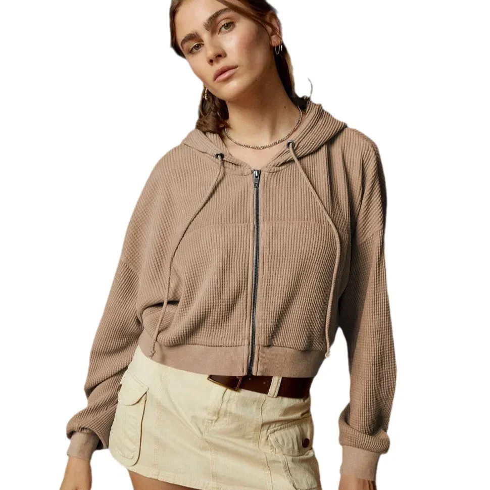 새로운 2025 봄 가을 여성 후드 지퍼 솔리드 컬러 카디건 여성 와플 짧은 재킷 레이디스 캐주얼 스웨트 재킷