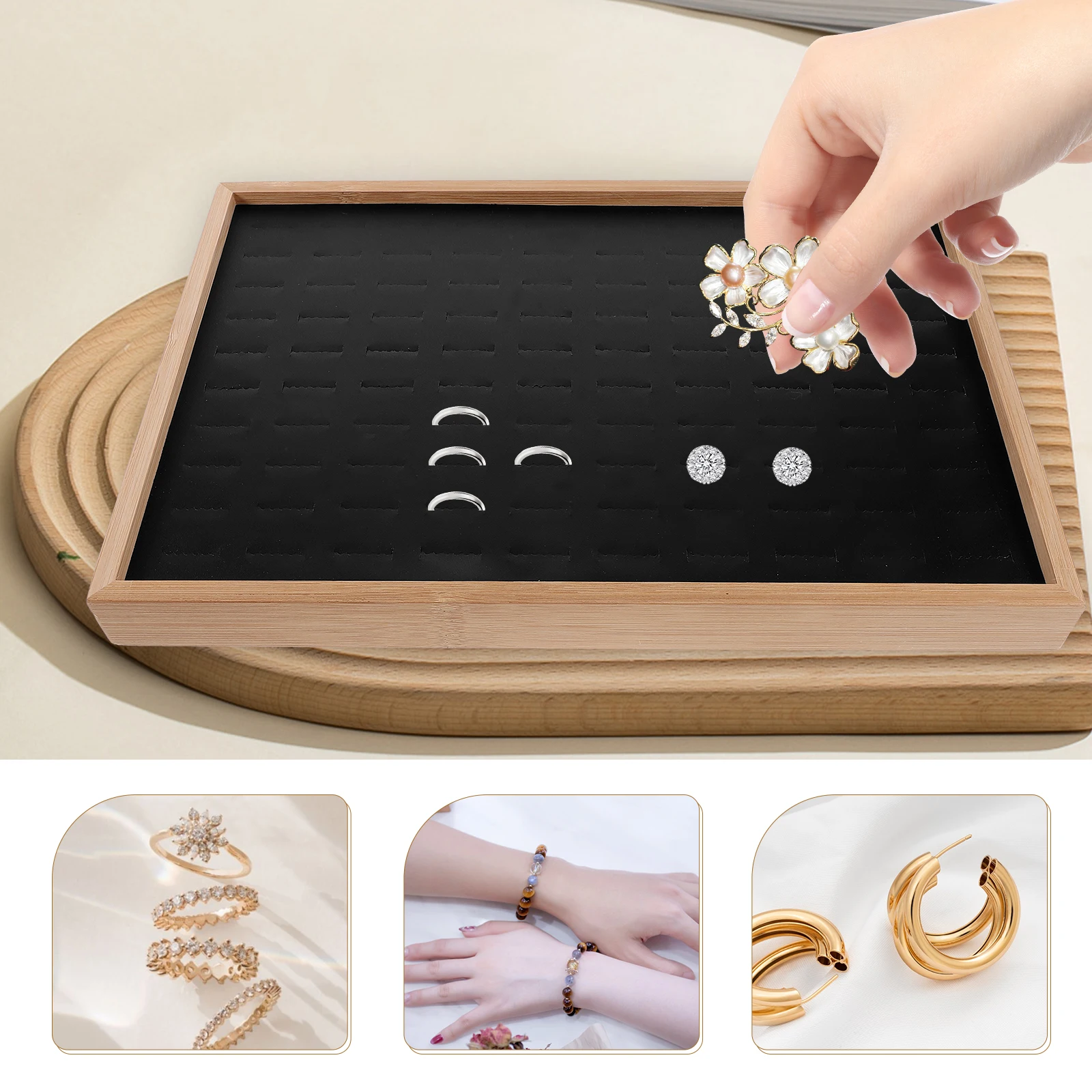 

Jewelry Display Storage Bamboo Ring Tray Jewellery Miss Organizer Holder for Women