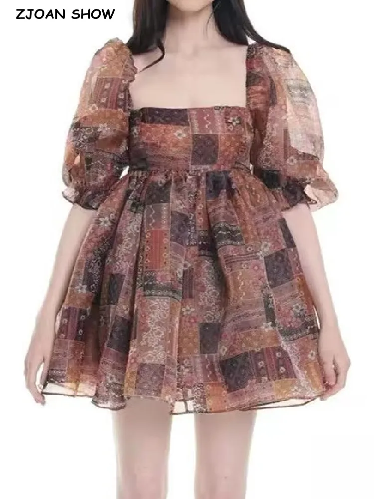 Princess Brown Flower Plaid Print Organza Ball Gown Dress Puff Sleeve Retro Women Swing Short Party Robe Fairy Mini Vestidos