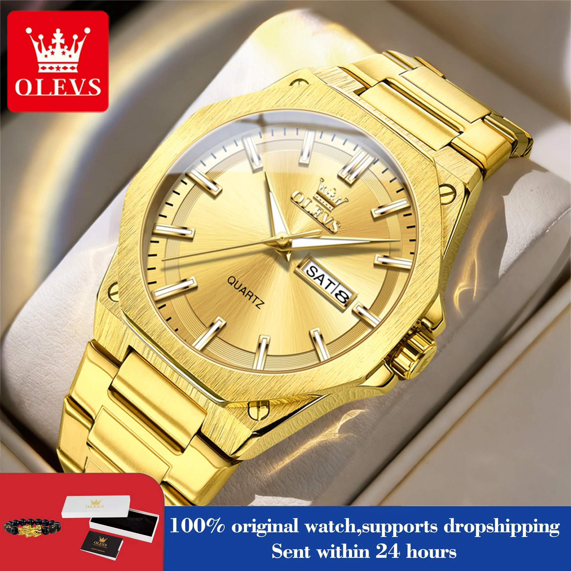 OLEVS Mens Watches Quartz Watches Waterproof Luminous Week Date Stainless Steel Luxury Gold Watches For Men Reloj 3733