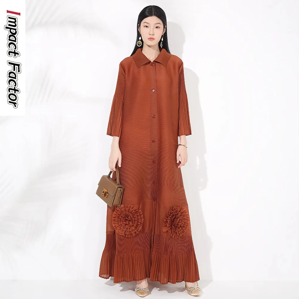 

Miyake Pleated Loose Temperament New Dress Women's High-end Fashion Lapel Horn Sleeve Disc Flower Long Breasted Cardigan Skirt