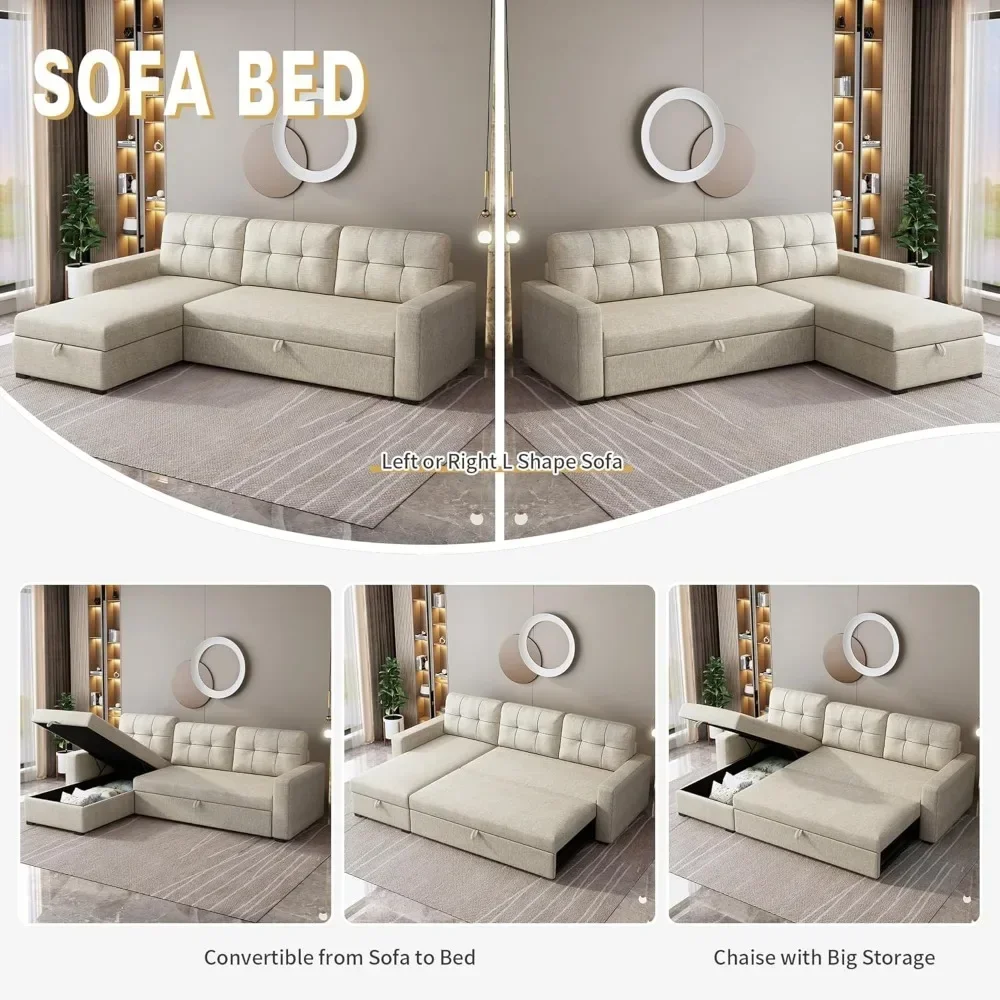 Sofá-cama secional de 81,5" com espreguiçadeira de armazenamento, sofá-cama removível em forma de L com 3 almofadas traseiras removíveis para sala de estar, Apar