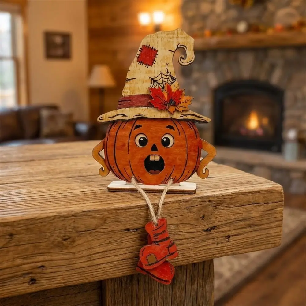 3Pcs 2D Flat Pumpkin-Shaped Wooden Ornaments Pastoral Vintage Halloween Pumpkin Figurine Stable Base with Legs