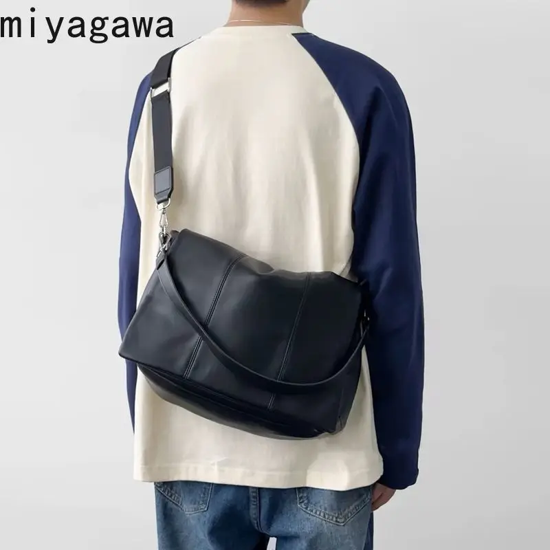

Miyagawa Women Men's Crossbody Shoulder Bag Causal Solid Color Korean Fashion Black PU Messenger Bags