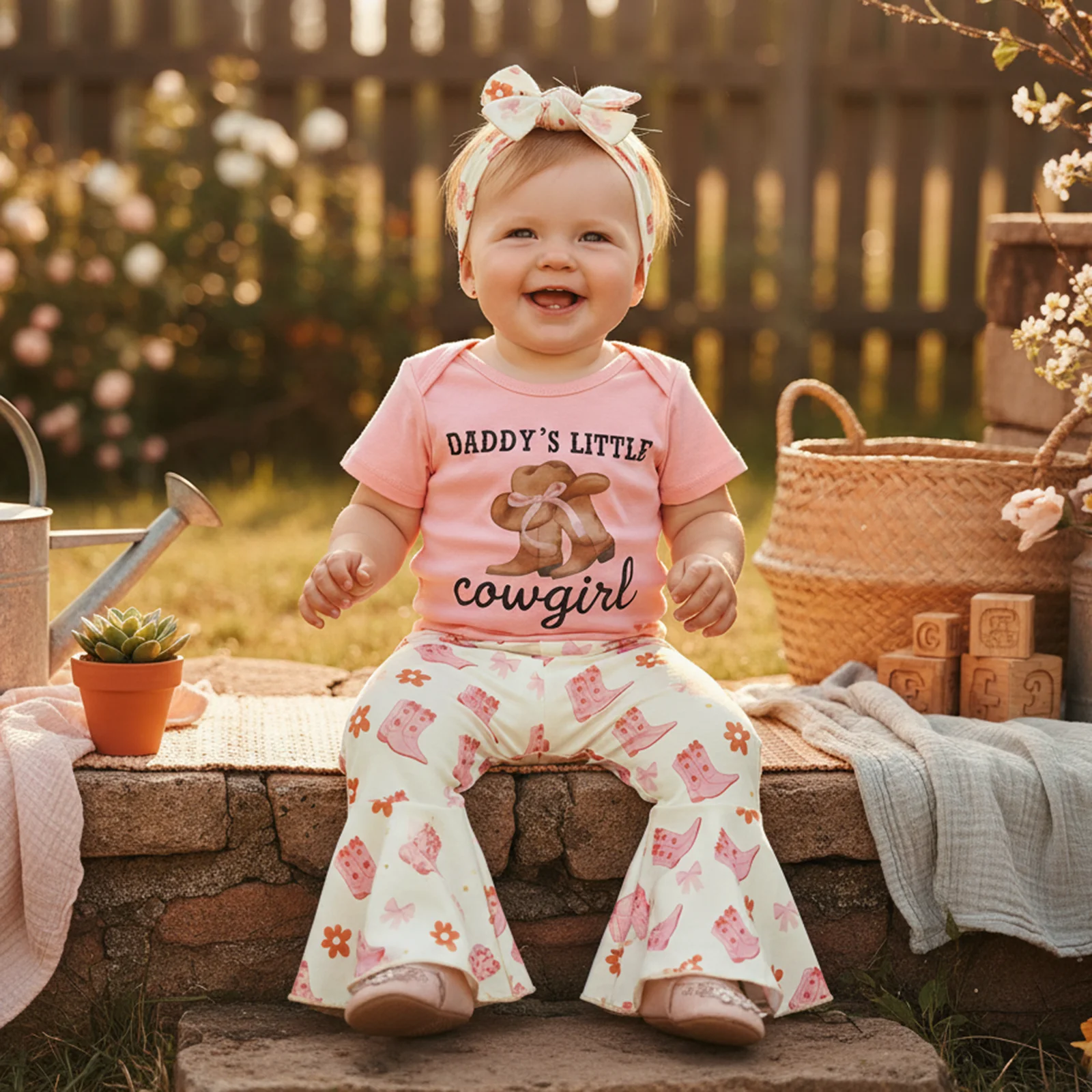 Baby Girl Western Outfit Boots Letter Print Short Sleeve Romper Flare Pants and Headband 3 Piece Set