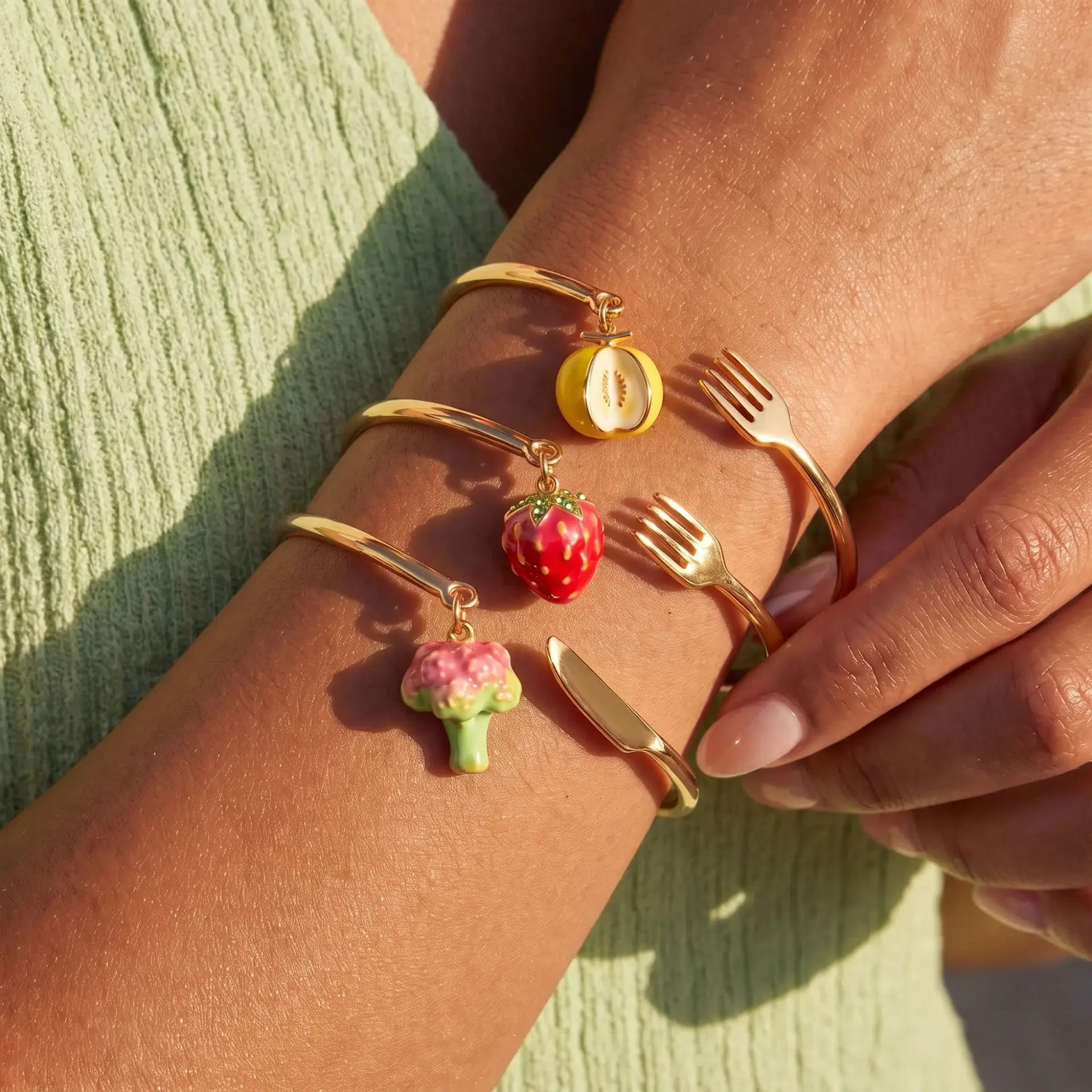 Cute Enamel Fruit Vegetable Charm Open Cuff Bangle Strawberry Lemon Broccoli Pendant Gold Bracelet Fashion Women Jewelry