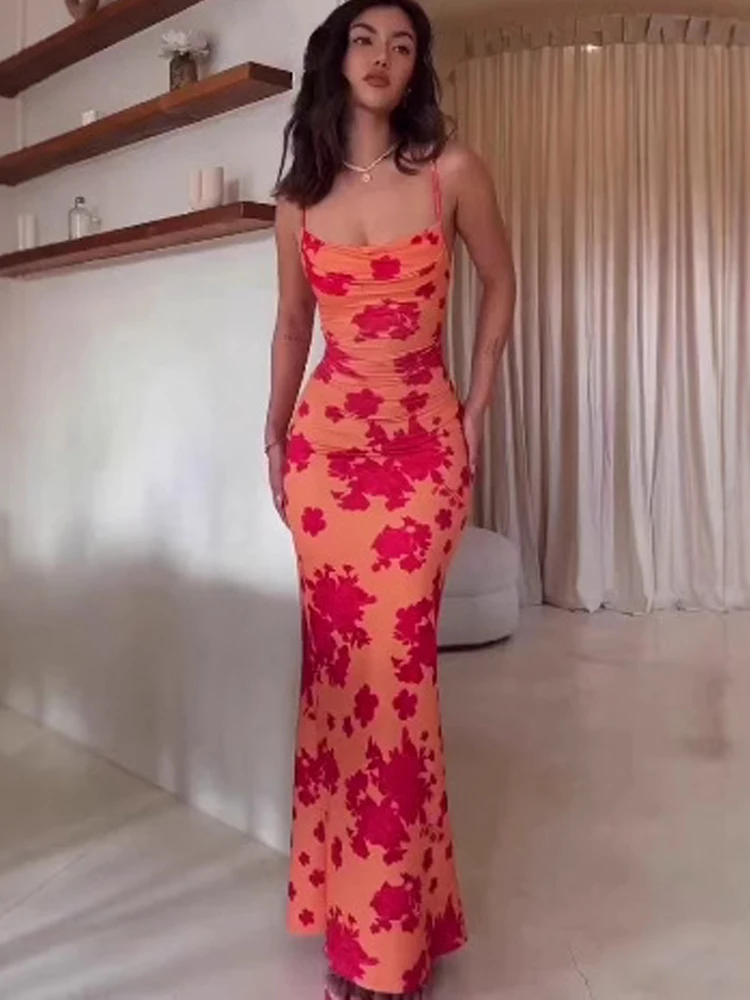 Verão novo impresso suspender em forma de u vestido maxi feminino cinta de espaguete bodycon rendas laranja senhoras casual hip saia longa